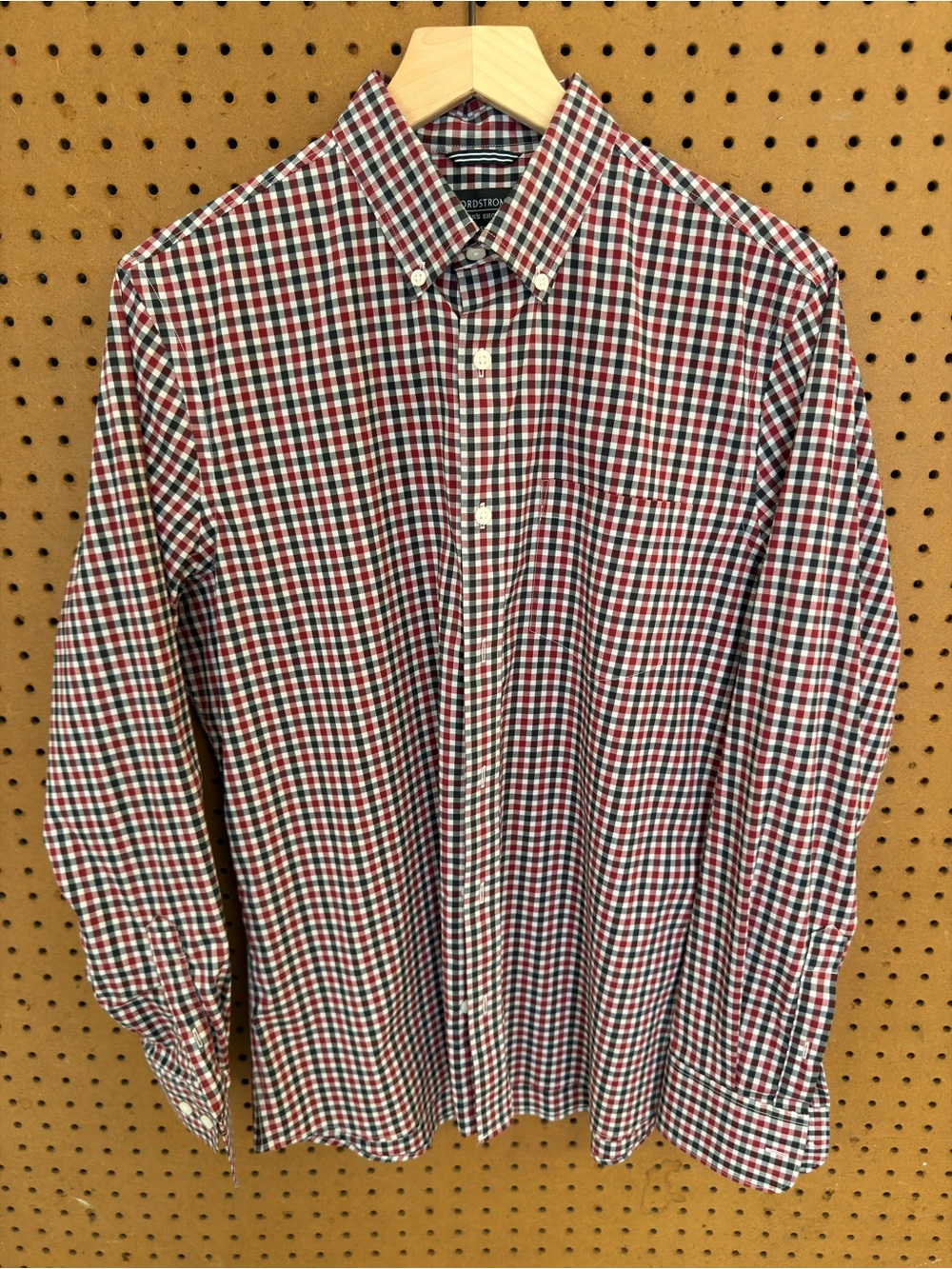 Nordstrom Men's Shop Tech-Smart Trim Fit Button Down Red Black Gingham Check M
